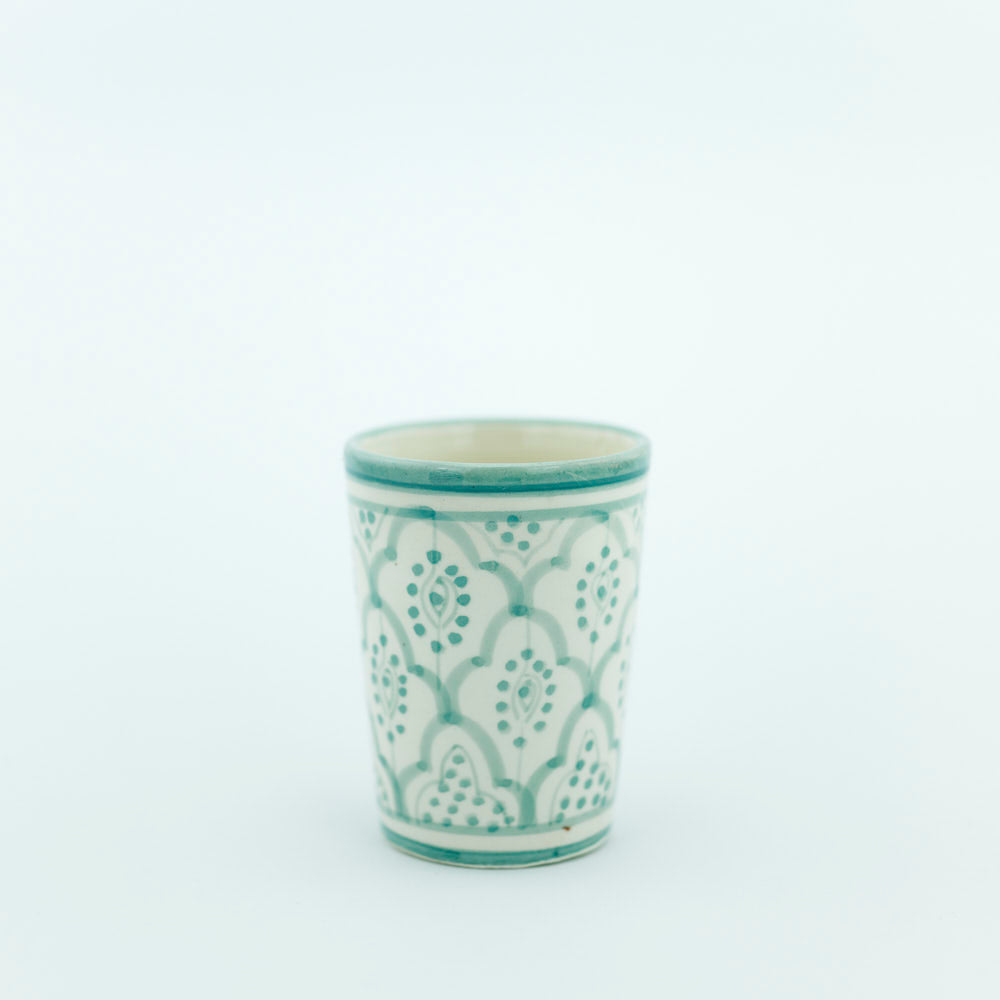 Keramik Becher – Casa Eurabia, türkis-weiß, Marokko, Durchmesser: 8 cm