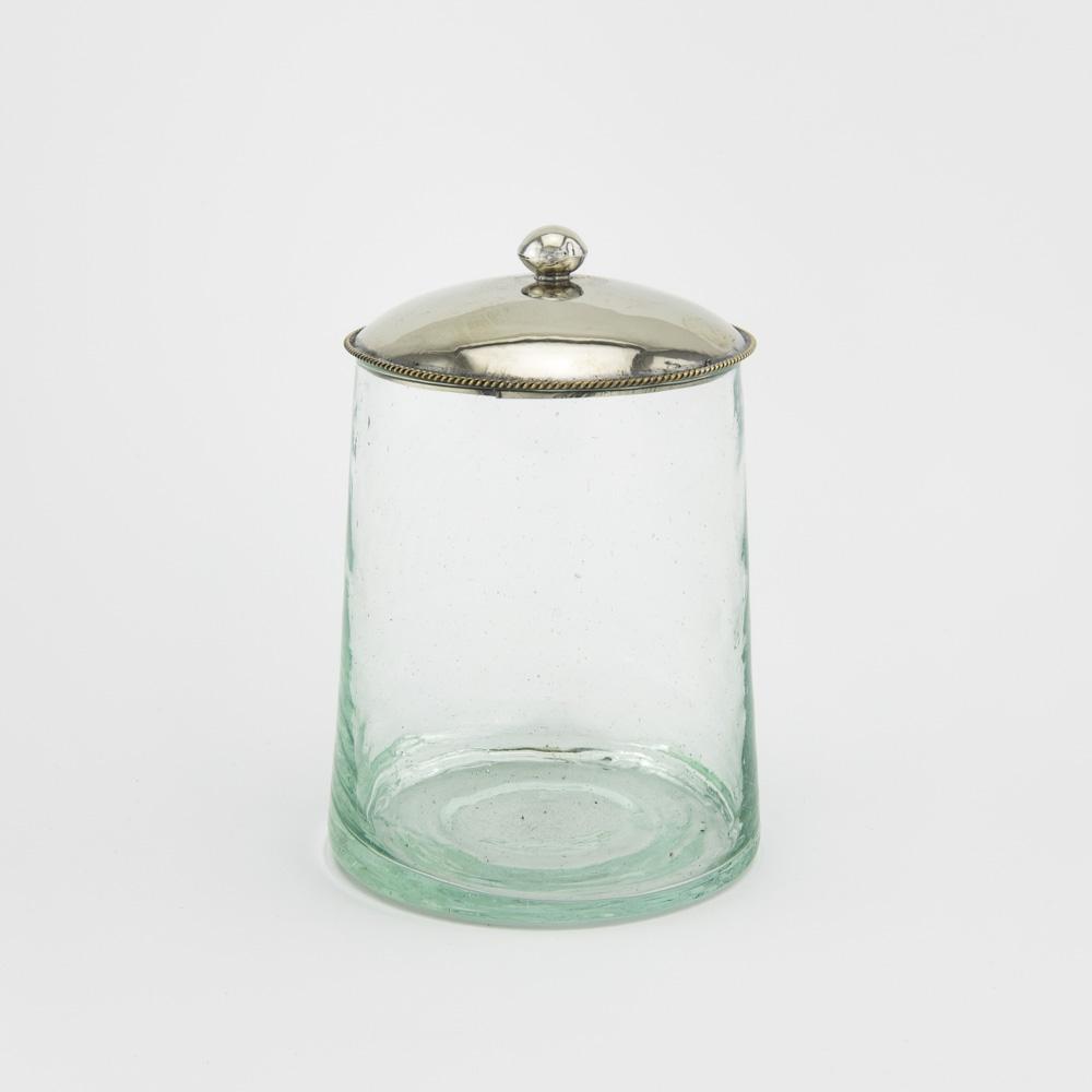 100% recyceltes Glas, Metalldeckel Glasdose – Casa Eurabia, Türkis, Silber, Marokko, mundgeblasenes Glas, recyceltes Glas, Durchmesser: 6 cm