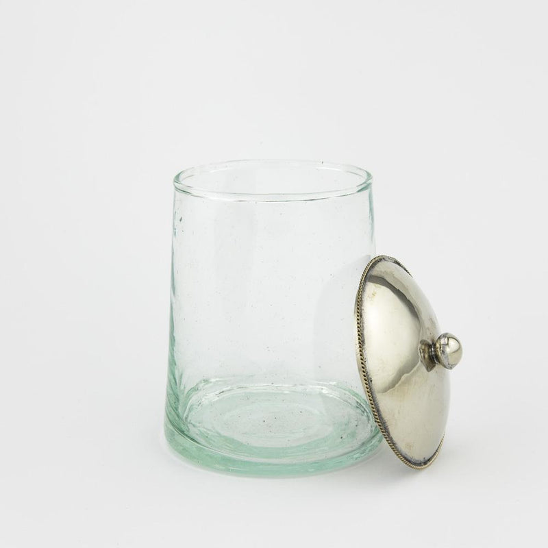 100% recyceltes Glas, Metalldeckel Glasdose – Casa Eurabia, Türkis, Silber, Marokko, mundgeblasenes Glas, recyceltes Glas, Durchmesser: 6 cm