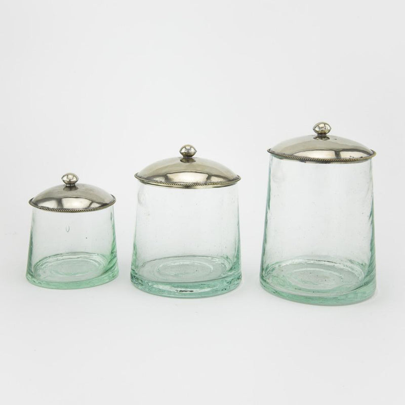 100% recyceltes Glas, Metalldeckel Glasdose – Casa Eurabia, Türkis, Silber, Marokko, mundgeblasenes Glas, recyceltes Glas, Durchmesser: 5 cm