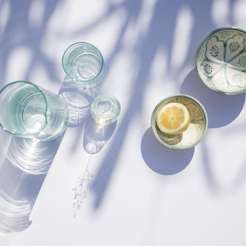 100% recyceltes Glas Wasserkaraffe – Casa Eurabia, Türkis, Marokko, mundgeblasenes Glas, recyceltes Glas, Durchmesser: 9 cm