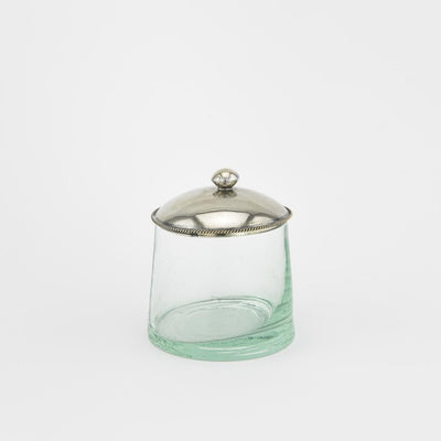 100% recyceltes Glas, Metalldeckel Glasdose – Casa Eurabia, Türkis, Silber, Marokko, mundgeblasenes Glas, recyceltes Glas, Durchmesser: 5 cm