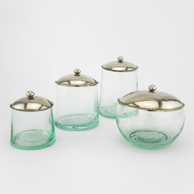 100% recyceltes Glas, Metalldeckel Glasdose – Casa Eurabia, Türkis, Silber, Marokko, mundgeblasenes Glas, recyceltes Glas, Durchmesser: 8,5 cm