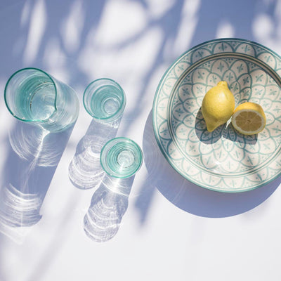 100% recyceltes Glas Trinkglas  – Casa Eurabia, Türkis, Marokko, mundgeblasenes Glas, recyceltes Glas, Durchmesser: 7 cm