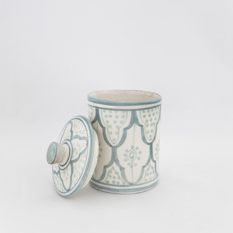 Keramik Dose – Casa Eurabia, türkis, weiß, Ø 8,5 cm, H 13 cm, marokkanische Keramik, Design