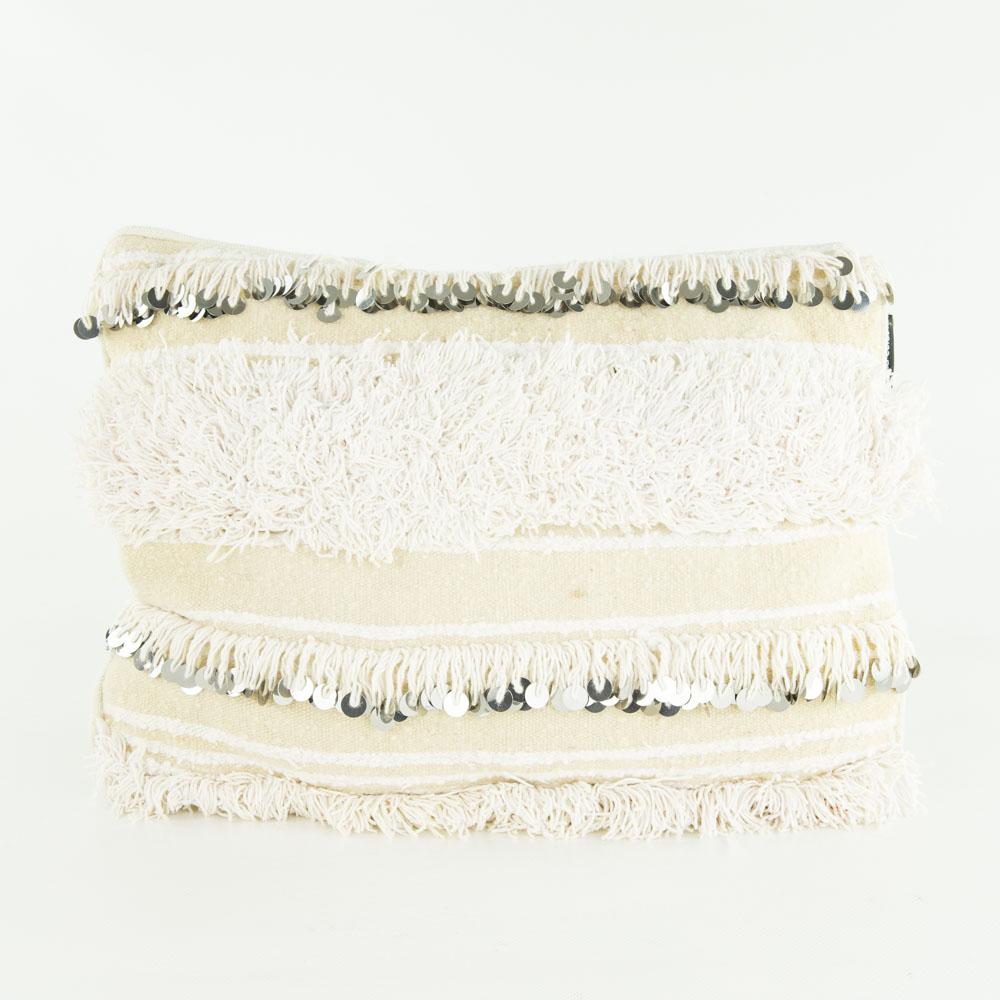 Boho Kissen – Casa Eurabia, weiß, beige, L 40 cm, B 30 cm, H 10 cm, Wolle, Baumwolle, Rohbaumwolle, Marokko, Design