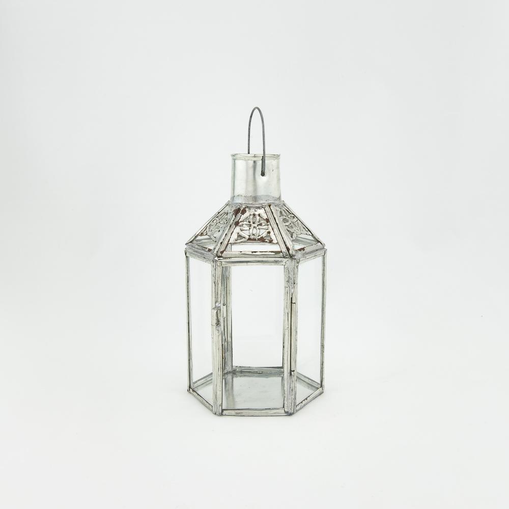 Laterne Fara – Casa Eurabia, Klarglas, Schmiedeeisenblech, silber, Ø 8,5 cm, H 19 cm, Design