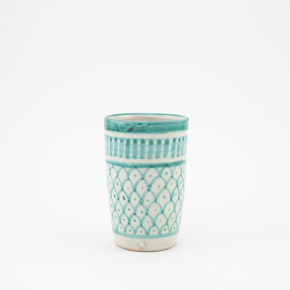 Keramik Becher – Casa Eurabia, türkis-weiß, Marokko, Durchmesser: 7 cm